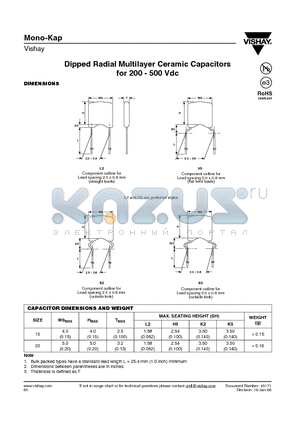 K121J15C0GL5.H5 datasheet - Dipped Radial Multilayer Ceramic Capacitors for 200 - 500 Vdc