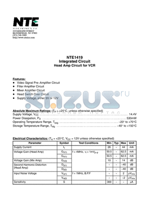 NTE1419 datasheet - Integrated Circuit Head Amp Circuit for VCR