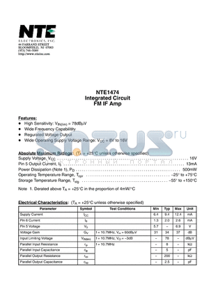 NTE1474 datasheet - Integrated Circuit FM IF Amp
