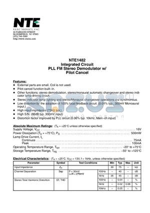 NTE1482 datasheet - Integrated Circuit PLL FM Stereo Demodulator w/ Pilot Cancel
