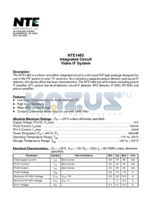 NTE1483 datasheet - Integrated Circuit Video IF System