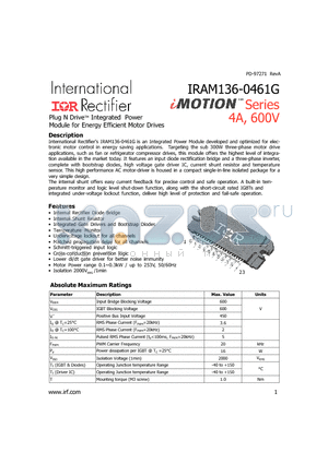 IRAM136-0461G datasheet - iMOTION Series 4A, 600V Plug N DriveTM Integrated Power Module for Energy Efficient Motor Drives