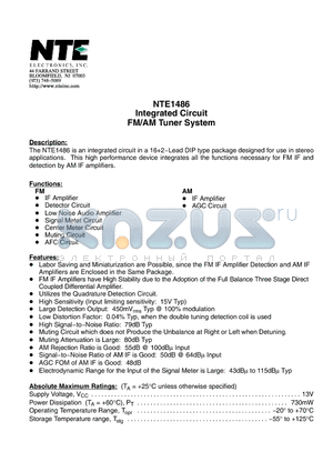 NTE1486 datasheet - Integrated Circuit FM/AM Tuner System