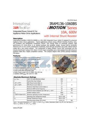 IRAM136-1060BS datasheet - Integrated Power Hybrid IC for Appliance Motor Drive Applications