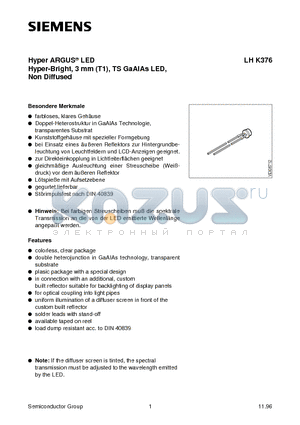 LHK376 datasheet - Hyper ARGUS LED Hyper-Bright, 3 mm T1, TS GaAIAs LED, Non Diffused