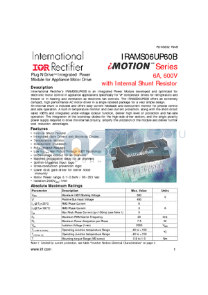 IRAMS06UP60B datasheet - Plug N Drive Integrated Power Module for Appliance Motor Drive