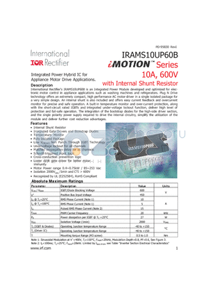 IRAMS10UP60B datasheet - Plug N DriveTM Integrated Power Module for Appliance Motor Drive