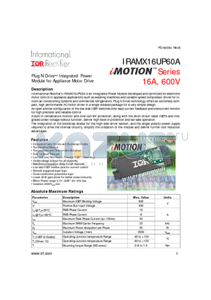 IRAMX16UP60A datasheet - Plug N DriveTM Integrated Power Module for Appliance Motor Drive