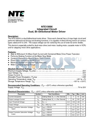 NTE15006 datasheet - Integrated Circuit Dual, Bi-Directional Motor Driver