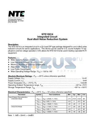 NTE15014 datasheet - Integrated Circuit Dual dbxII Noise Reduction System