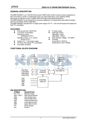 EM6156K1600TBA-45 datasheet - 256Kx16 LP SRAM