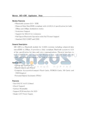 MD-4DR datasheet - Bluetooth module for 2.4GHz systems including enhanced data rates(EDR) to 3Mbps