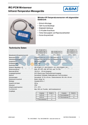 IRC-PCM21LT-X datasheet - Miniatur-IR-Temperatursensoren mit abgesetzter Elektronik