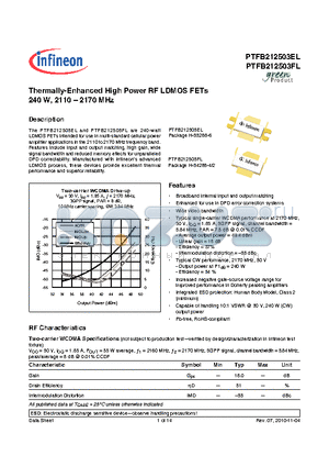 PTFB212503EL datasheet - Thermally-Enhanced High Power RF LDMOS FETs 240 W, 2110-2170 MHz