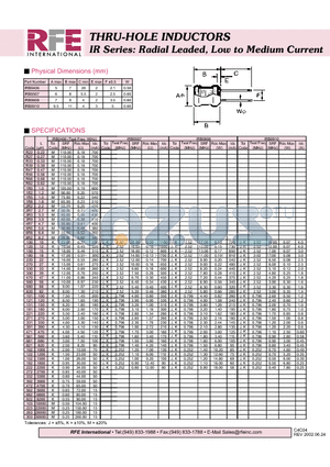 IRB0608 datasheet - THRU-HOLE INDUCTORS IR Series: Radial Leaded, Low to Medium Current
