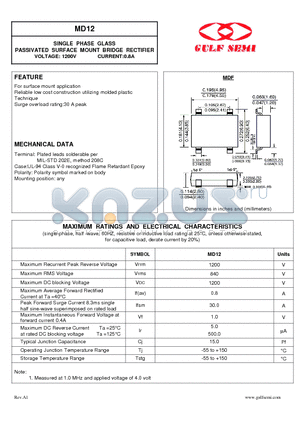 MD12 datasheet - SINGLE PHASE GLASS PASSIVATED SURFACE MOUNT BRIDGE RECTIFIER VOLTAGE: 1200V CURRENT:0.8A