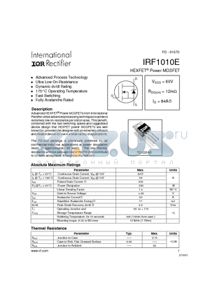 IRF1010E datasheet - Power MOSFET(Vdss=60V,Rds(on)=12mohm,Id=84A
