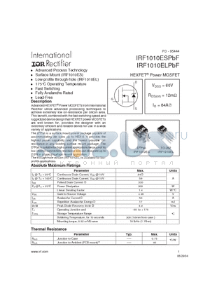 IRF1010ELPBF datasheet - HEXFET Power MOSFET