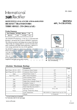 IRF054 datasheet - REPETITIVE AVALANCHE AND dv/dt RATED HEXFET TRANSISTORS THRU-HOLE (TO-204AA/AE)