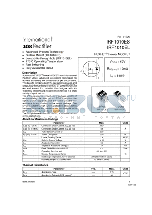 IRF1010ES datasheet - Power MOSFET(Vdss=60V, Rds(on)=12mohm, Id=84A)