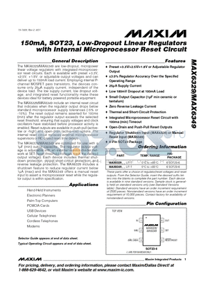 MAX6329VL datasheet - 150mA, SOT23, Low-Dropout Linear Regulators with Internal Microprocessor Reset Circuit