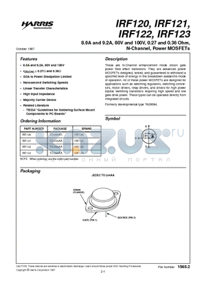 IRF120 datasheet - 8.0A and 9.2A, 80V and 100V, 0.27 and 0.36 Ohm, N-Channel, Power MOSFETs