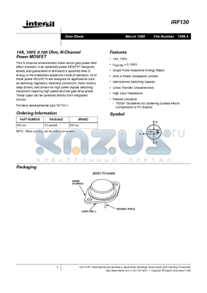 IRF130 datasheet - 14A, 100V, 0.160 Ohm, N-Channel Power MOSFET