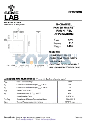 IRF130SMD datasheet - N-CHANNEL POWER MOSFET FOR HI.REL APPLICATIONS