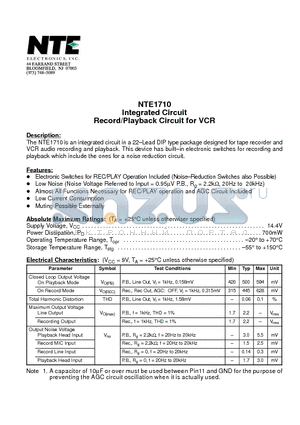 NTE1710 datasheet - Integrated Circuit Record/Playback Circuit for VCR