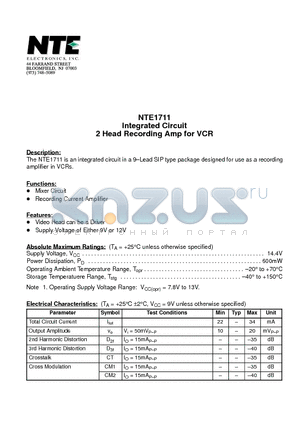 NTE1711 datasheet - Integrated Circuit 2 Head Recording Amp for VCR