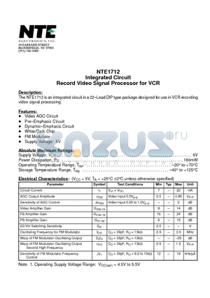 NTE1712 datasheet - Integrated Circuit Record Video Signal Processor for VCR