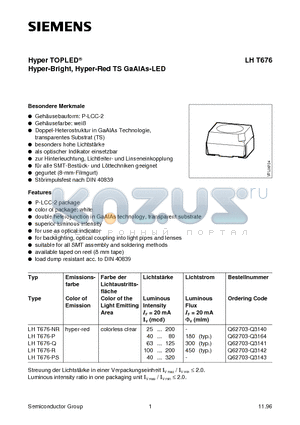 LHT676 datasheet - Hyper TOPLED Hyper-Bright, Hyper-Red TS GaAIAs-LED