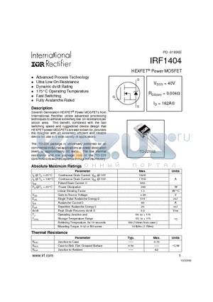 IRF1404 datasheet - Power MOSFET(Vdss=40V, Rds(on)=0.004ohm, Id=162A)