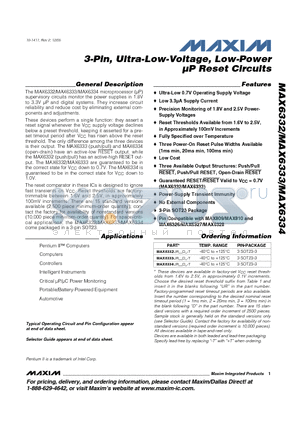 MAX6332UR datasheet - 3-Pin, Ultra-Low-Voltage, Low-Power uP Reset Circuits