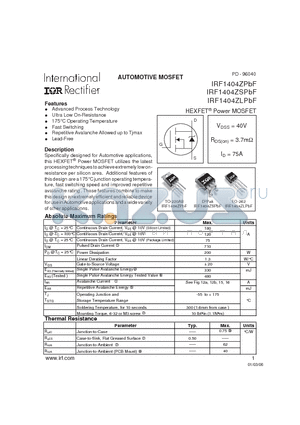 IRF1404LPBF datasheet - AUTOMOTIVE MOSFET
