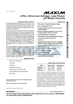 MAX6332UR17D2-T datasheet - 3-Pin, Ultra-Low-Voltage, Low-Power lP Reset Circuits