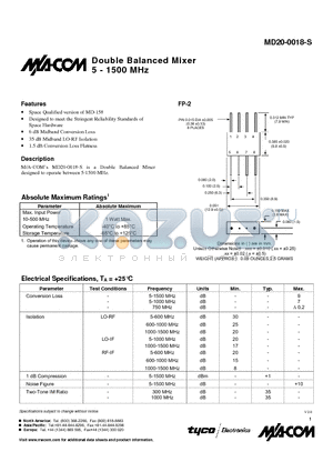 MD20-0018-S datasheet - Double Balanced Mixer 5 - 1500 MHz