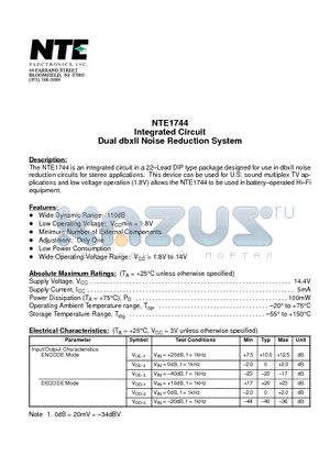 NTE1744 datasheet - Integrated Circuit Dual dbxII Noise Reduction System