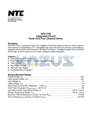NTE1749 datasheet - Integrated Circuit Push-Pull Four Channel Driver