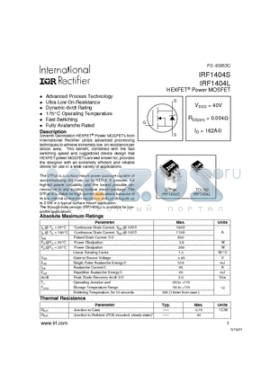 IRF1404L datasheet - Power MOSFET(Vdss=40V, Rds(on)=0.004ohm, Id=162A)