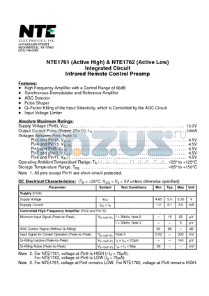 NTE1761 datasheet - Integrated Circuit Infrared Remote Control Preamp