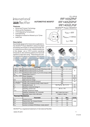 IRF1405ZPBF datasheet - AUTOMOTIVE MOSFET ( VDSS = 55V , RDS(on) = 4.9mY , ID = 75A )