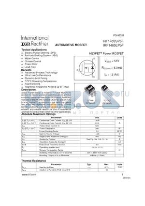 IRF1405SPBF datasheet - AUTOMOTIVE MOSFET ( VDSS = 55V , RDS(on) = 5.3mY , ID = 131A )