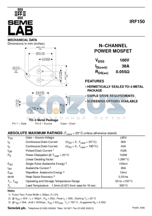 IRF150 datasheet - N-CHANNEL POWER MOSFET