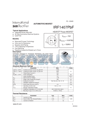 IRF1407PBF datasheet - HEXFET^ Power MOSFET