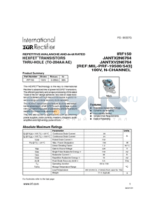 IRF150 datasheet - TRANSISTORS N-CHANNEL(Vdss=100V, Rds(on)=0.055ohm, Id= 38A)