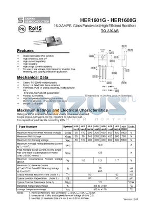 HER1601G datasheet - 16.0 AMPS. Glass Passivated High Efficient Rectifiers
