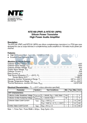 NTE180 datasheet - Silicon Power Transistor High Power Audio Amplifier