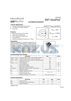 IRF1503PBF datasheet - AUTOMOTIVE MOSFET