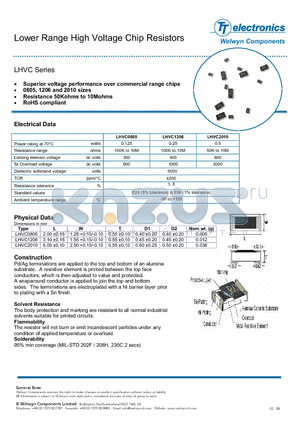 LHVC0805-100KFT5 datasheet - Lower Range High Voltage Chip Resistors